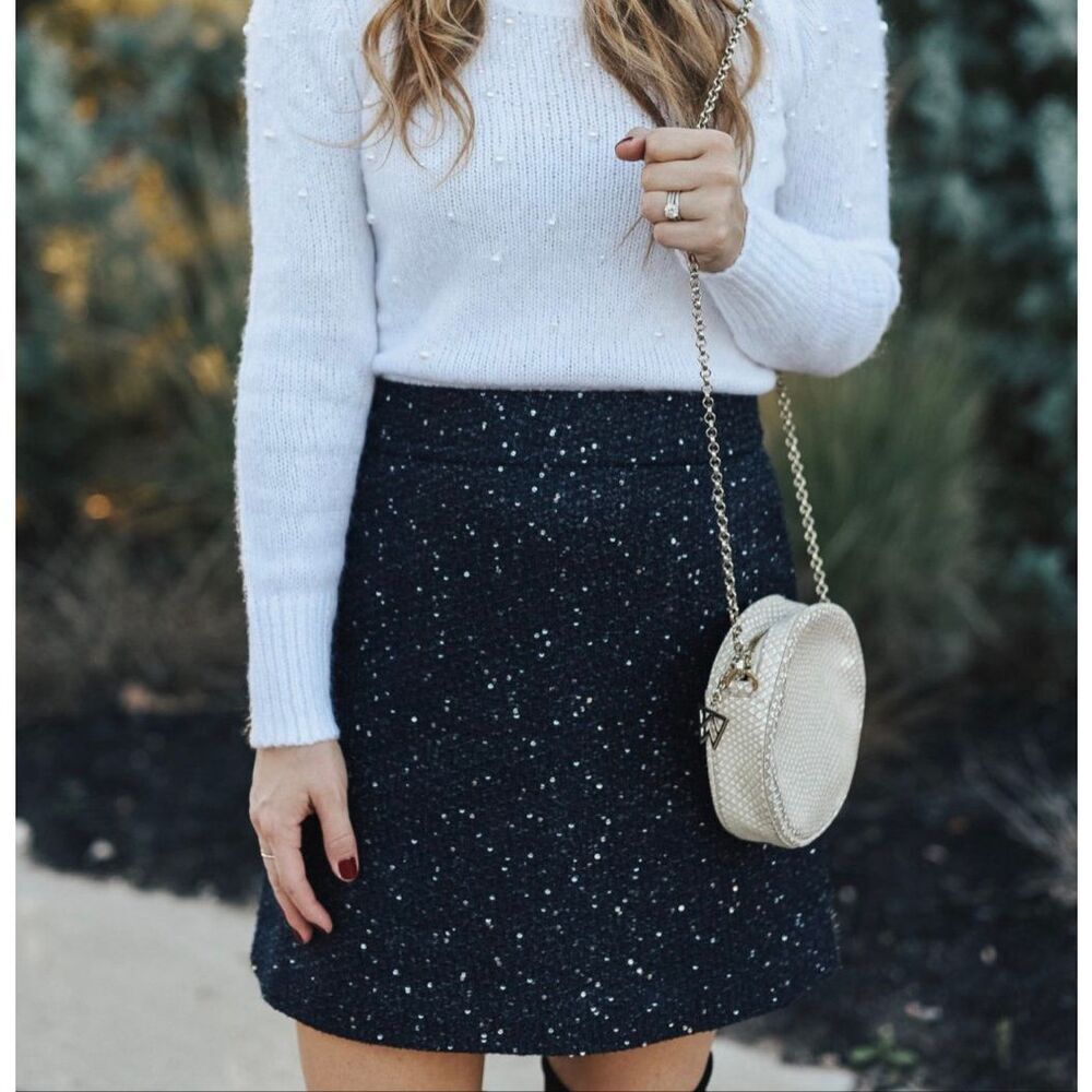 LOFT Mini Skirt Tweed Sequin Pockets NEW‎ Navy Blue 18